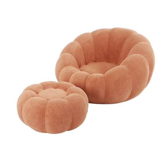 Single Sofa Chair Pumpkin Shape Round Chair Accent Reading Relaxing Modern Lounge with Footstool Curved Sofa for Living Room/Apartment/Small Space,Brown