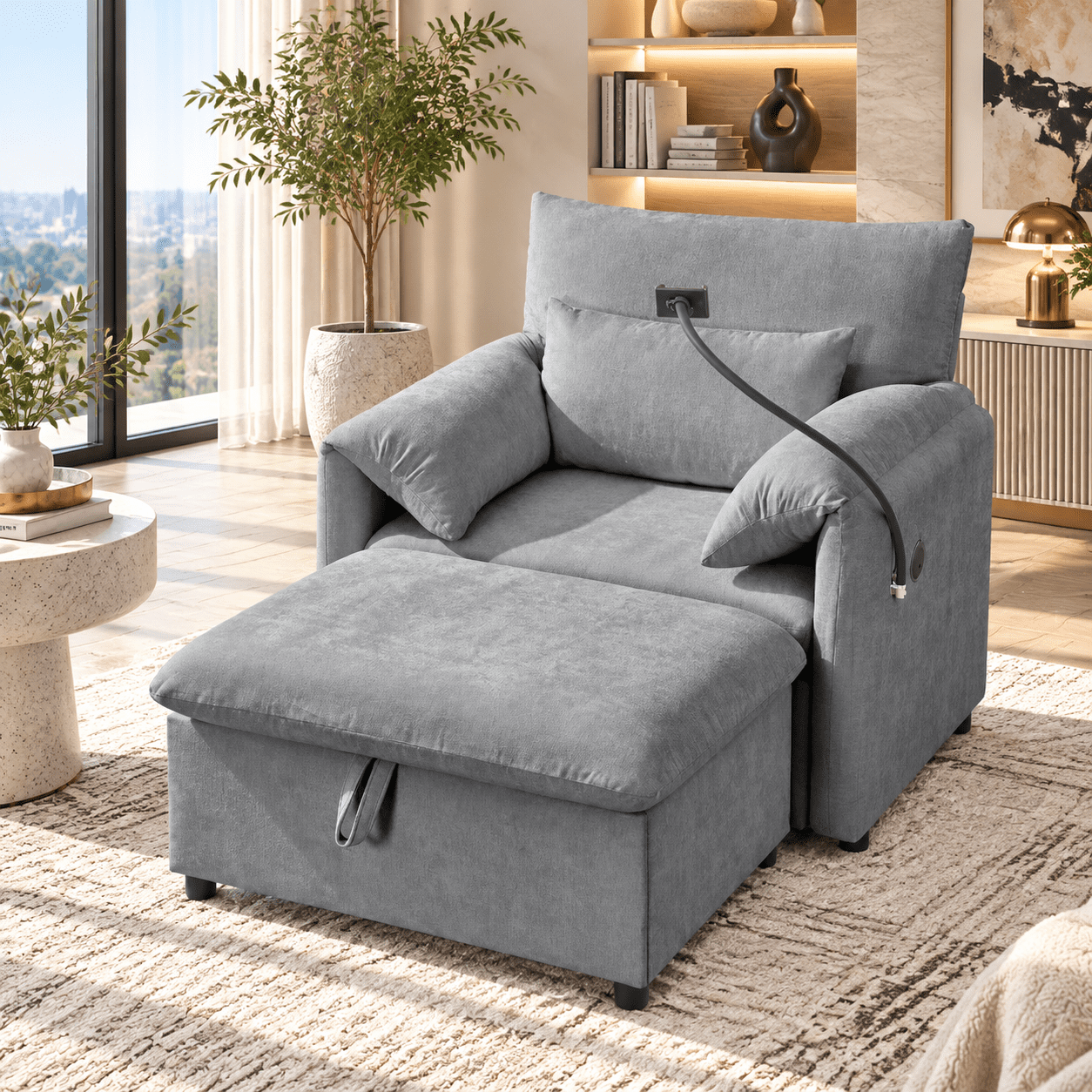 Single Sofa Chair with Storage Ottoman, Adjustable Backrest and Folding ...