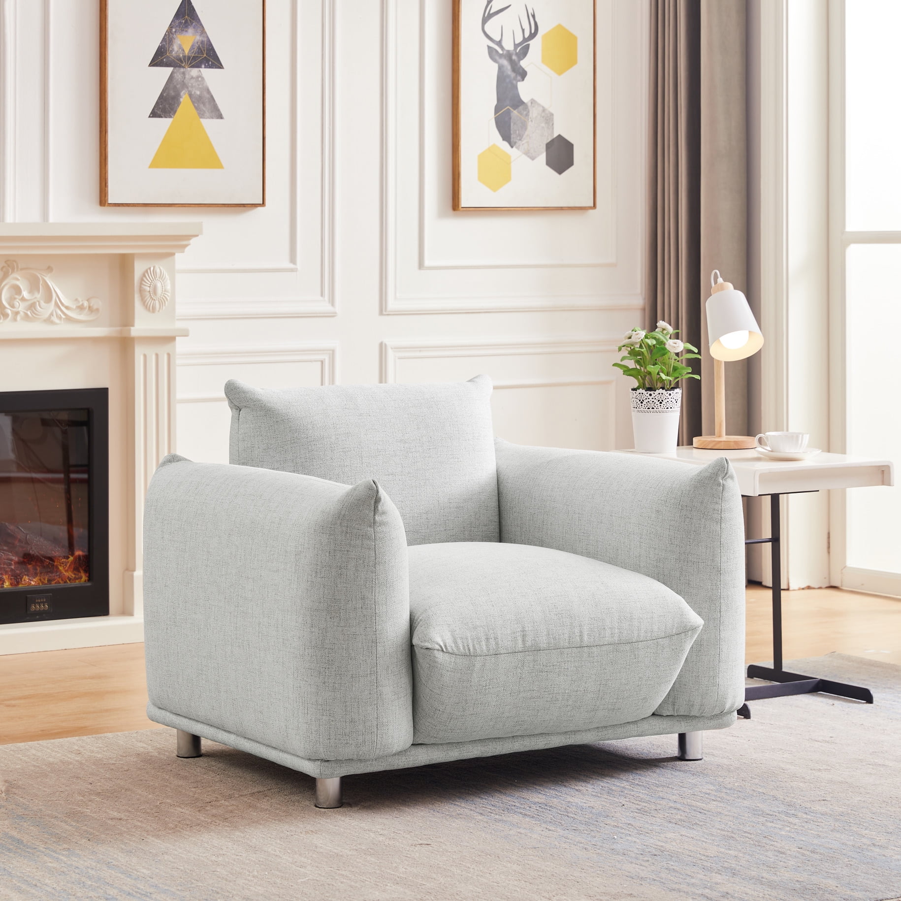 Single Sofa Chair Upholstered Oversized Armchair Modern Accent Chair Leisure Chair with Armrest and Metal Legs Extra Deep Seated Single Seater Sofa for Living Room Bedroom Office Light Gray Walmart Bu...