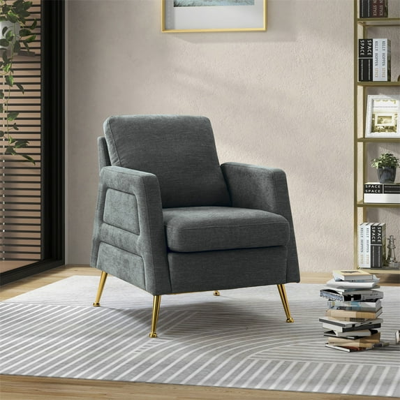 Single Sofa Chair, Upholstered Tufted Accent Chair with Golden Metal Legs, Comfy Armchair Club Chair Reading Chair with Paded Seat, Modern Leisure Chair for Living Room Bedroom Aparement, Gray