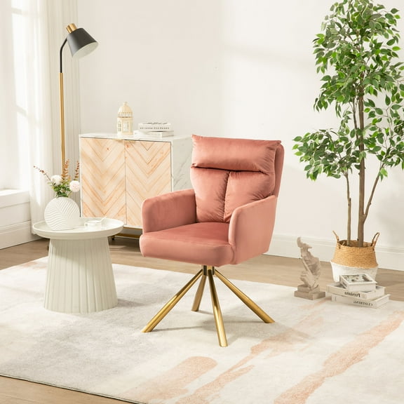 Single Sofa Chair,Velvet Contemporary High-Back Armchair,Swivel Accent Chair Living Room Chair with Gold Metal Legs for Bedroom Office,Pink