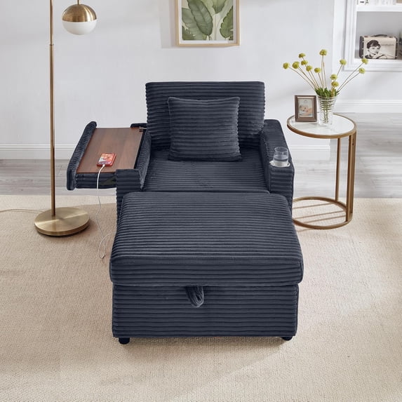 Single Sofa with Storage Ottoman,34.5" Comfortable Corduroy Chaise Lounge with Table Board,Sturdy Structure Armchair Couch for Apartment,Living Room,Office,Dark Gray