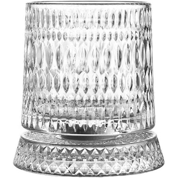 Single Spinning Whiskey Glass, 9.5 oz Rotating Tumbler with Base, Faceted Old Fashioned Glass for Bourbon, Scotch, Cocktails & Home Bar