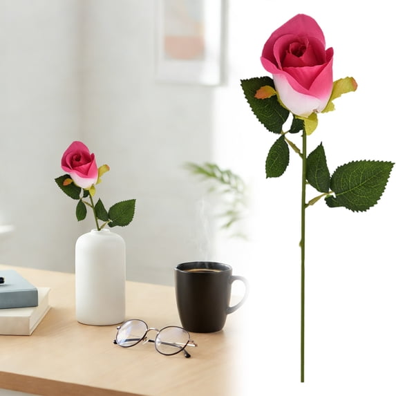 Single Stem Artificial Pink Rose, Fake Silk Rose Flower with Green Leaves, Faux Rose for Wedding Centerpiece, Table Vase Home Kitchen DIY Decor (50cm Tall)