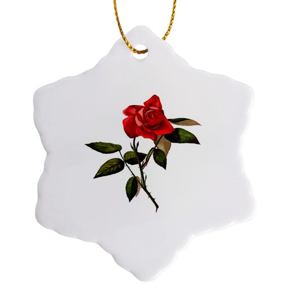 3drose, Single Stem Red Rose Isolated Vector Art, 3 inch Snowflake Porcelain Ornament