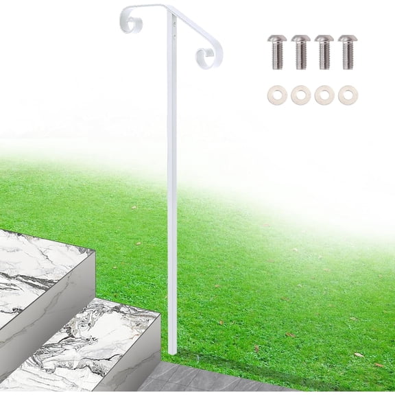 Single Step Handrail, 1 or 2 Steps Single Post Handrail in Ground, White Rust-Proof Wrought Iron Stair Railing for Seniors, Porch, Deck