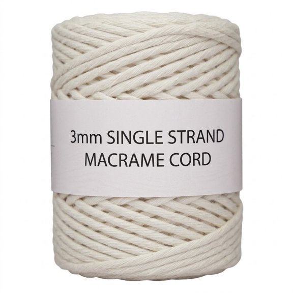 Single Strand Macrame Cord 3mm x 100 Yards, Natural Cotton for Wall Hangings, Plant Hangers, DIY Crafts, Boho Decor, Recycled Soft Twisted Yarn for Knotting, Fringe Projects, Ecru, White