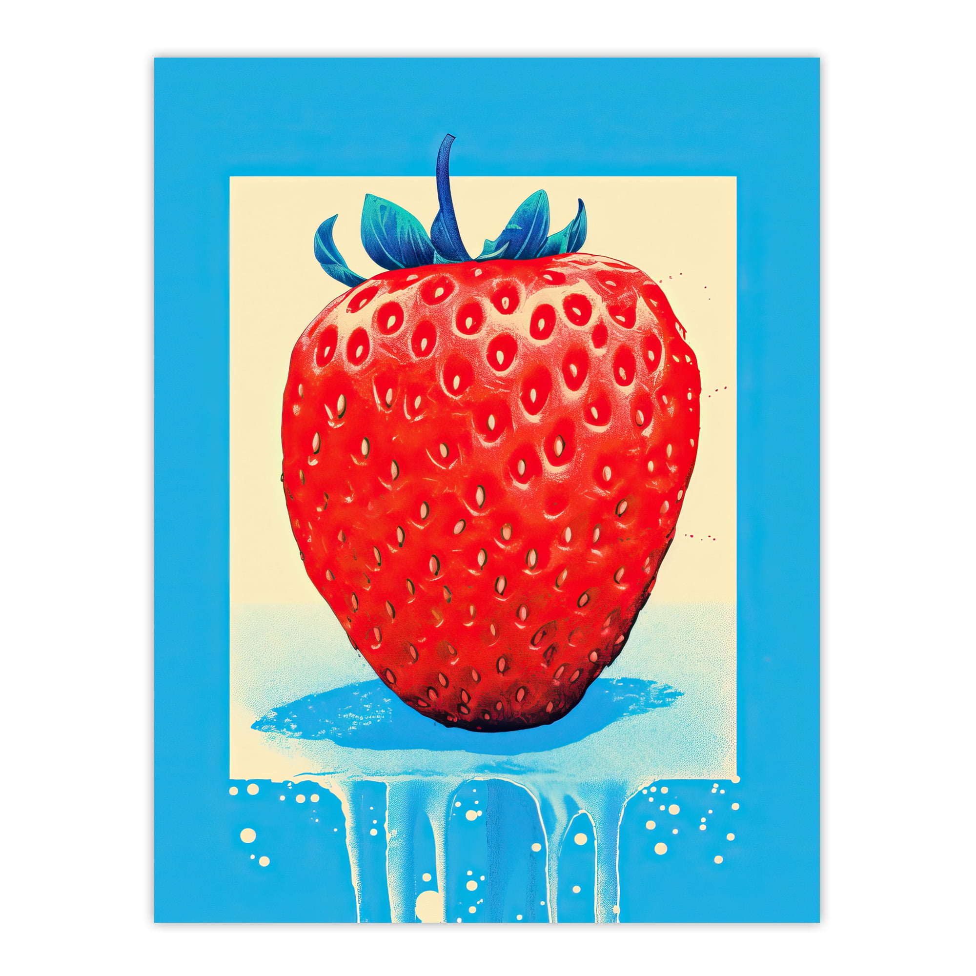 Single Strawberry Fruit in Ice Frame Vibrant Blue Red Painting Extra