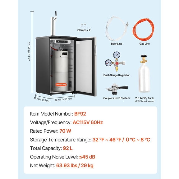 Single Tap Beer Kegerator 92L Draft Beer Dispenser Refrigerator for D System Sixth Keg with Shelves and Co2 Tank Bf92
