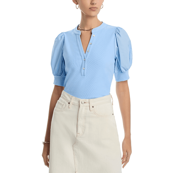 Single Thread Henley Neck, Puff Sleeve, Ribbed Stretch Top Women's L
