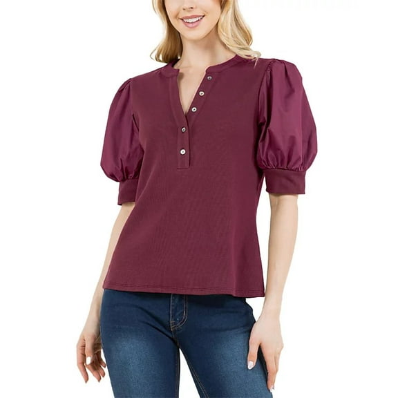 Single Thread WINE Women's Puff Sleeve Henley Top, US Large
