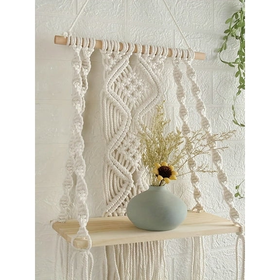 Single Tier Boho Wall Hanging Shelf, Handmade Bohemian Wooden Woven Plants Floating Shelves Decor, Mini Chic Organizer for Bathroom Bedroom Hom Storage Gift