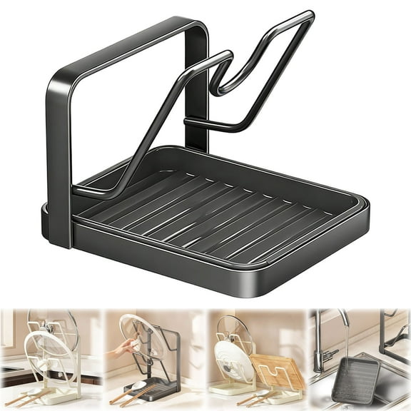 Single Tier Carbon Steel Pot Lid Holder with Drip Tray, Heat-Resistant Stovetop Spoon Rest Organizer, Anti-Rust Kitchen Lid & Spatula Storage Rack (Gunmetal Gray / Black)