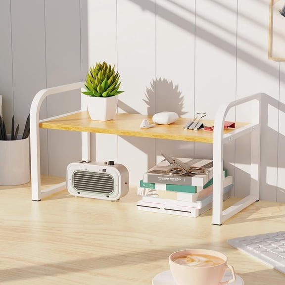 Single Tier White Wood Monitor Stand Riser, Desktop Storage Shelf for Office & Cubicle