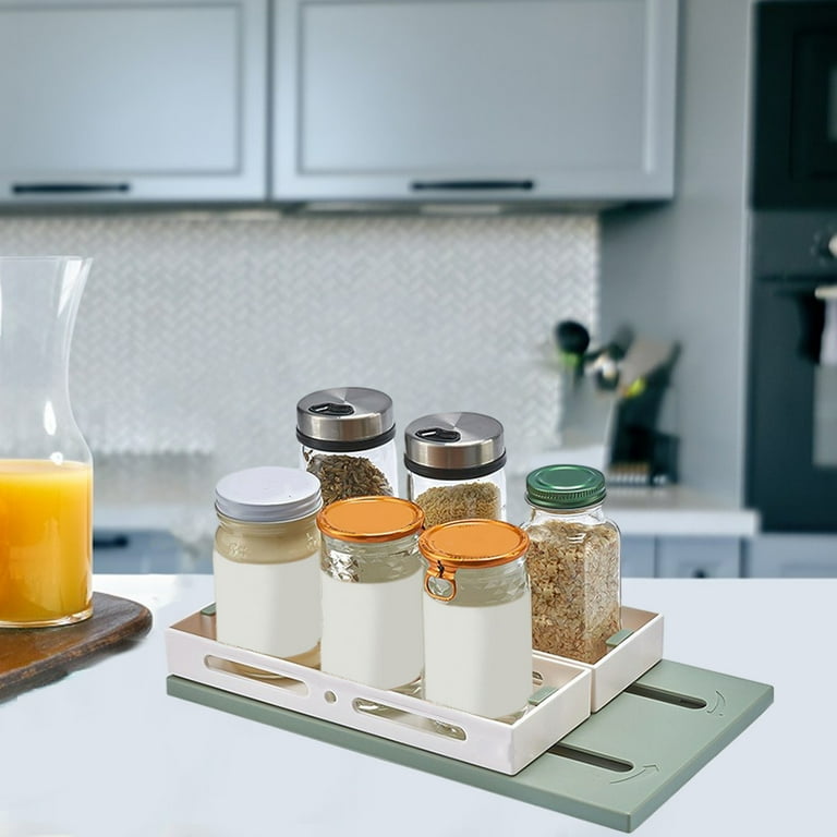 Single Tier Wide Slide Out Spice Rack with Non Skid Spice Pantry Kitchen Cabinet Organizer Sliding and Rotating Display Shelf for Sinks Refrigerators