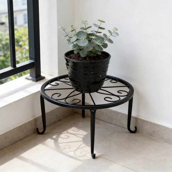 Single Tier Wrought Iron Plants Stand, Floor Standing Potted Flower Shelf, Minimalist Home Decor Planter Rack, Sturdy Metal Stand for Indoor Plants and Patio Greenery Display, Black