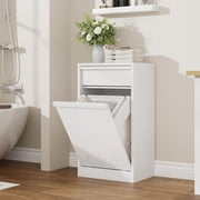 Single Tilt Out Laundry Hamper Cabinet,Farmhouse Trash Can Cabinet with 1 Detachable Baskets&1 Drawers,Wood Hidden Trash Can Cabinet for Bathroom, Kitchen