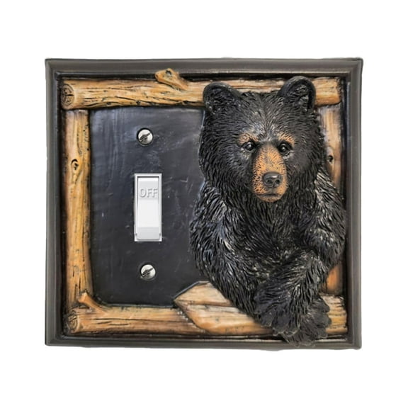 Single Toggle Decorative Light Switch Cover Plate with Black Bear and Tree Branch Accents - Rustic Electrical Cover Plate for Lodge Cabin House Style Ideal for Wildlife and Nature Lovers