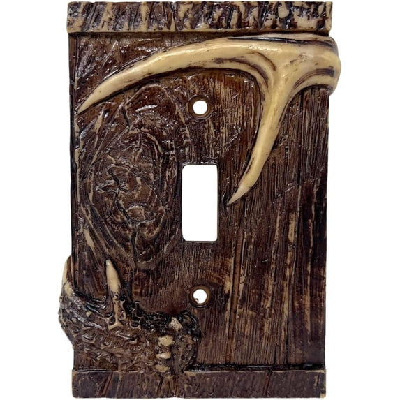 Single Toggle Decorative Light Switch Cover Plate with Faux Wood and Antler Accents - Rustic Electrical Switch Plate for Lodge Cabin - Ideal for Outdoor Nature-Theme Lovers