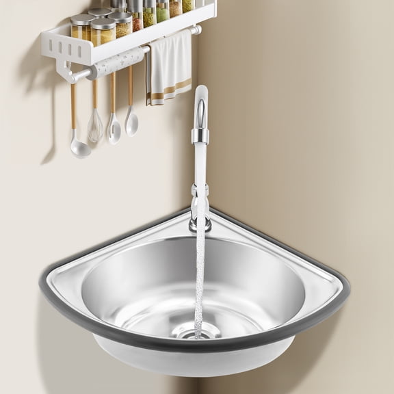 Single Triangle Wash Basin, Corner Sink Small Bar Sink Stainless Steel w/ Faucet