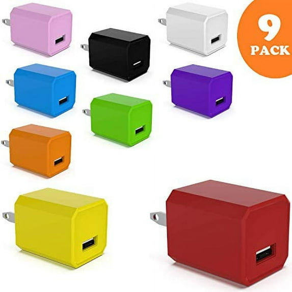 Single USB Wall Charger Cube Charging Port Plug Charge Adapter One Port Power Brick Fast Portable Block Replacement for Phone Colorful (9 Pack)