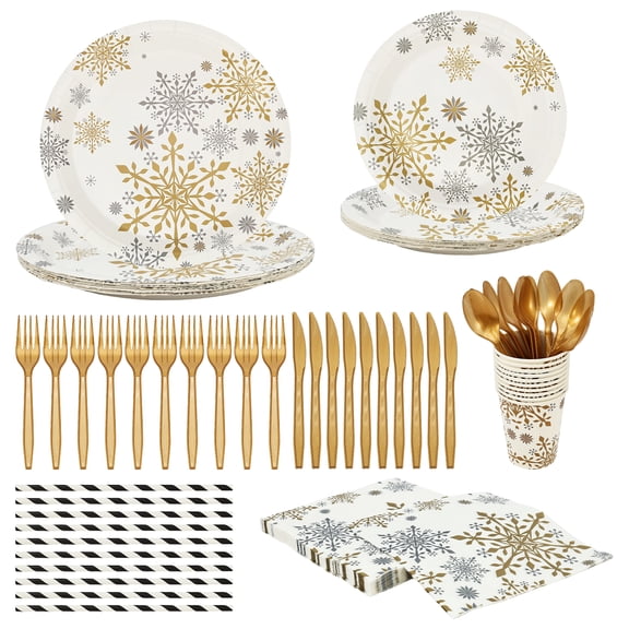 Single Use Tableware Set with Snowflake Design for Home Dinner Gathering