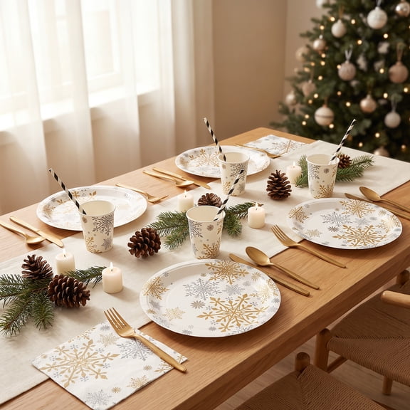 Single Use Tableware Set with Snowflake Design for Home Dinner Gathering