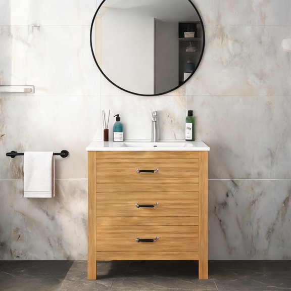 Single Vanity Top White Finish 32x18 Inches Rectangular Ceramic with Left Countertop