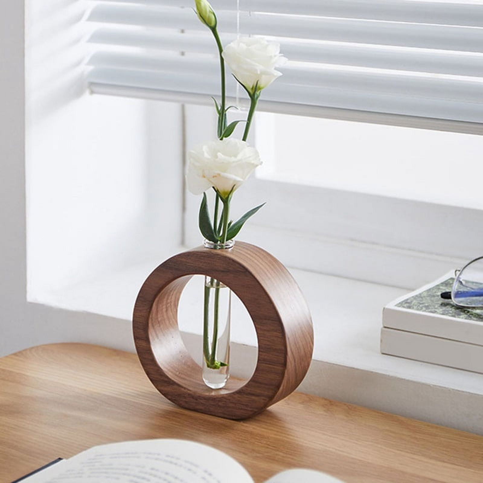 Vase En Verre De Tube À Essai Avec Support En Bois, Verre Planteur