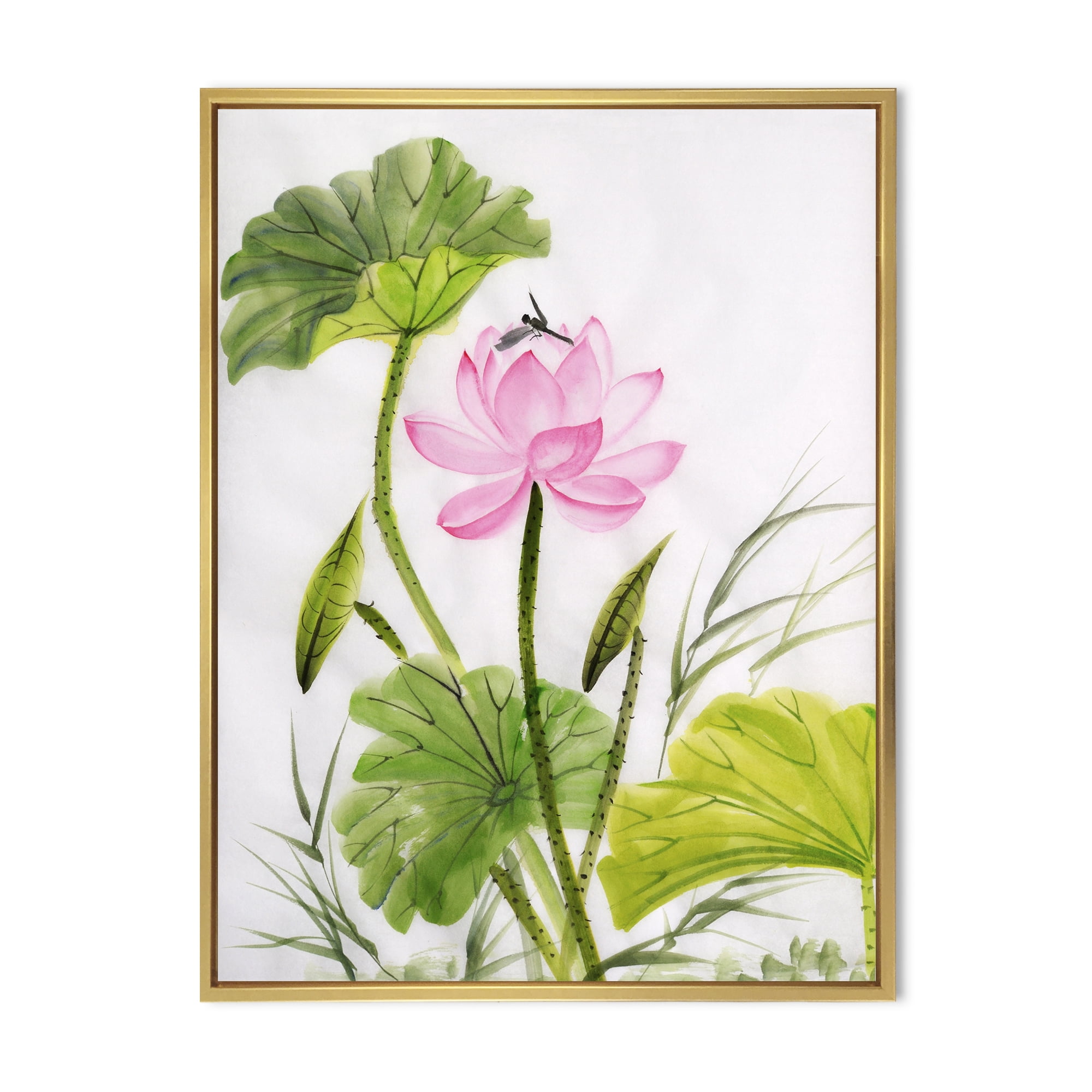 Single Vintage Pink Lotus Flower With Green Leaves 30 in x 40 in Framed Painting Canvas Art Print, by Designart