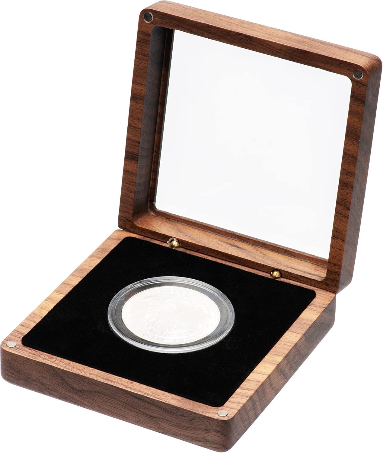 Single Walnut Wood Challenge Coin Presentation Display Box Storage Case with Clear Top and Plastic Coin Capsules with Adjustable Gasket