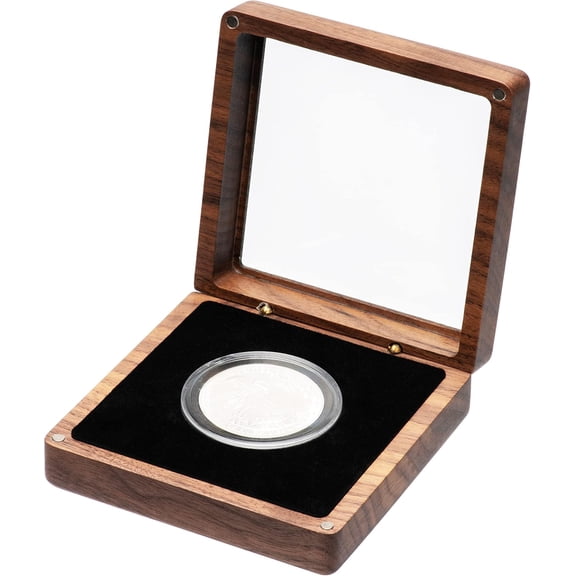 Single Walnut Wood Challenge Coin Presentation Display Box Storage Case with Clear Top and Plastic Coin Capsules with Adjustable Gasket