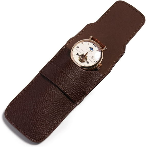 Single Watch Gift Pouch Portable Leather Travel Watch Storage Bag for Men and Women(Brown)