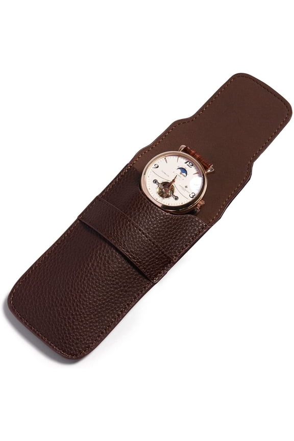 Single Watch Gift Pouch Portable Leather Travel Watch Storage Bag for Men and Women(Brown)