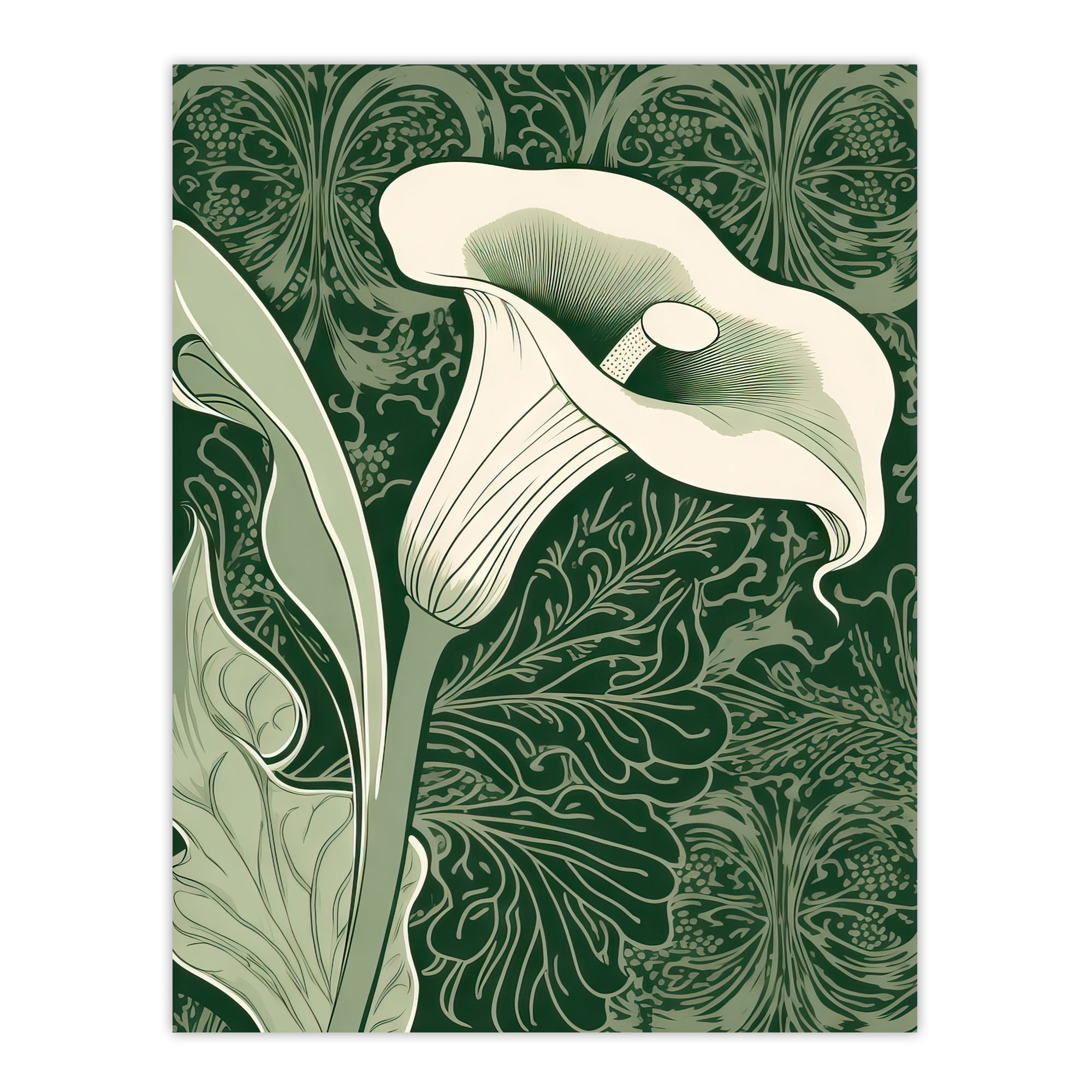 Single White Cala Lily Flower Art Nouveau Painting Green