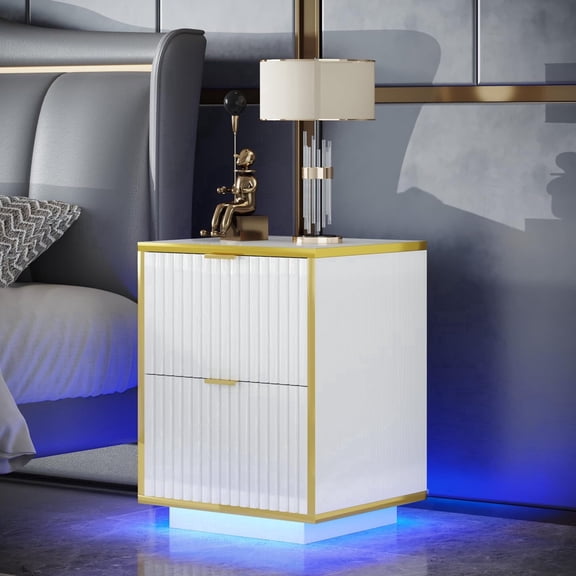 Single White & Gold Fluted LED Floating Nightstand, RGB Lighted Bedside Storage Table, Modern Minimalist End Table for Bedroom