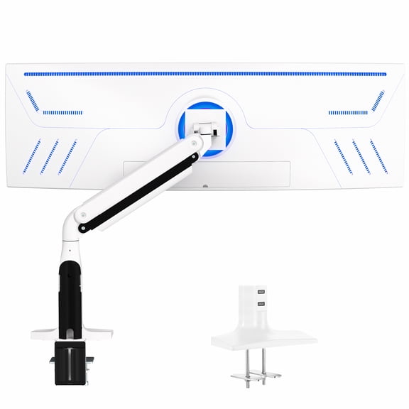 Single White Ultra Wide Monitor Pneumatic Spring Desk Mount, Max VESA 200x100