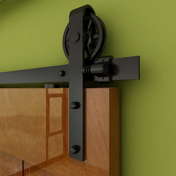 Single Wood Sliding Barn Door Hardware Kit 5FT Basic Black Big Spoke Wheel Roller Garage Closet Carbon Steel Flat Track System (5FT)