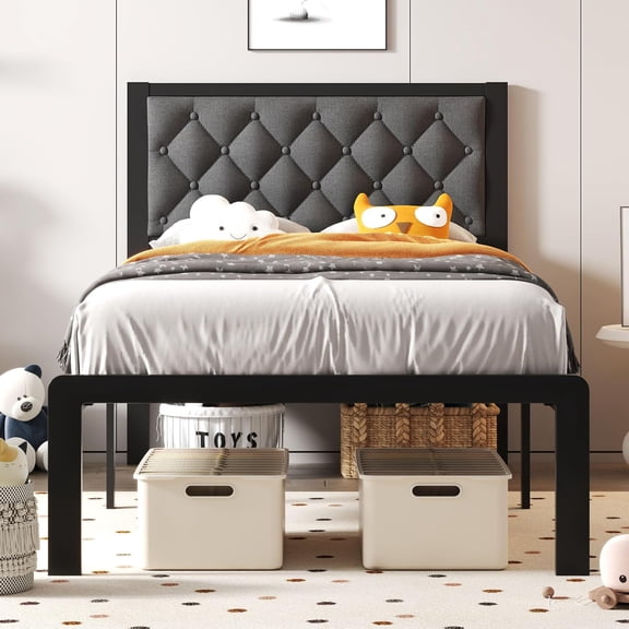 Single bed frame with headboard, linen upholstered platform bed frame, all-metal bed board support platform bed frame, with storage space, easy to assemble