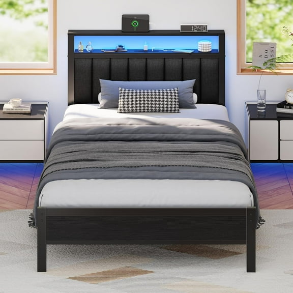 Single bed frame with charging station and LED light, no box spring required
