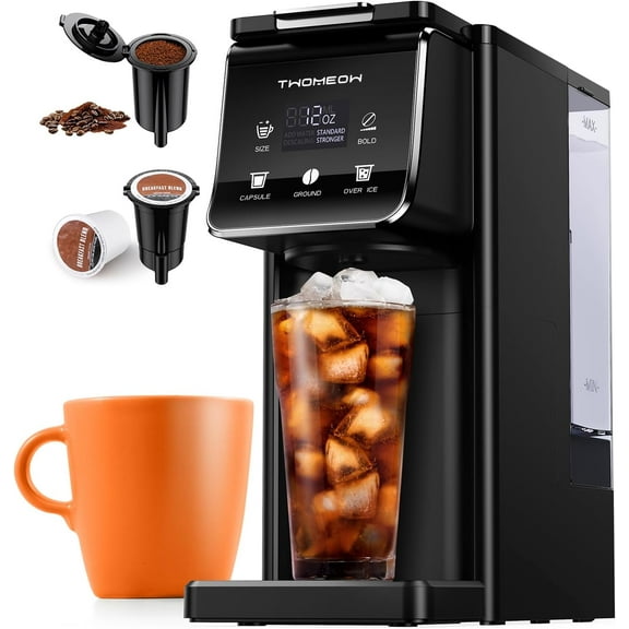 Single-cup Coffee Maker; Makes Both Hot and Cold Coffee; Suitable for Coffee Capsules and Ground Coffee; 52-ounce Removable Water Tank; Brewing Capacity 6-14 Ounces; Comes with A Reusable Filter