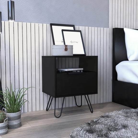 Single door end table | Provide storage in bedroom or living room | Sturdy with hairpin metal legs