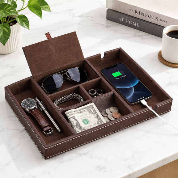 Single layer-Brown PU Leather Desktop Organizer with 6 Compartments for Valet Storage