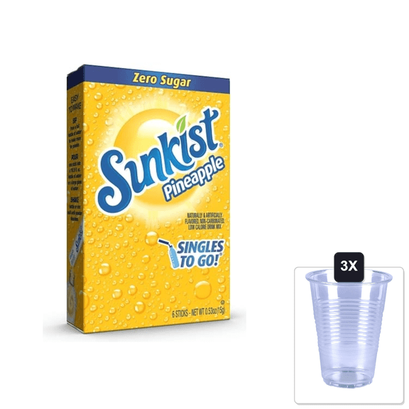Singles To Go! Sunkist Drink Mix Pineapple, 6 Boxes With 6 Packets Each - 36 Total Servings - 0.09 Ounce (Pack Of 6) & 3x 16oz Plastic Cup with Strawless Sip-Lid