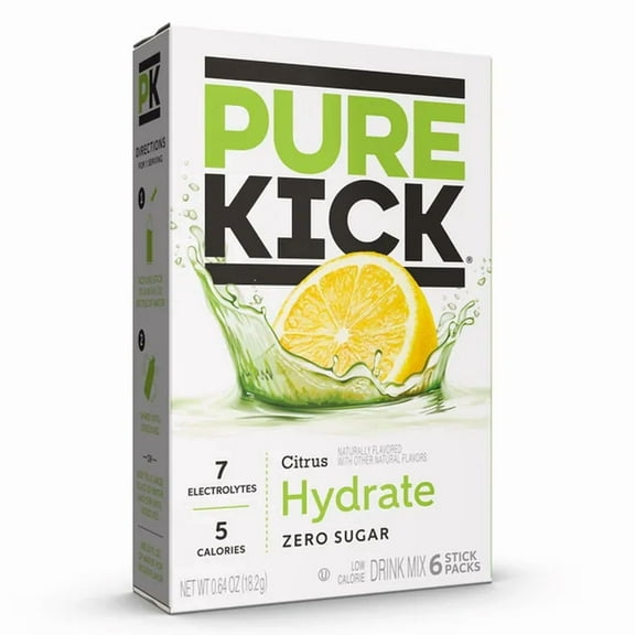 Pure Kick Hydrate Electrolyte & Caffeine Powder Drink Mix Citrus Pack, 6 Count Packets