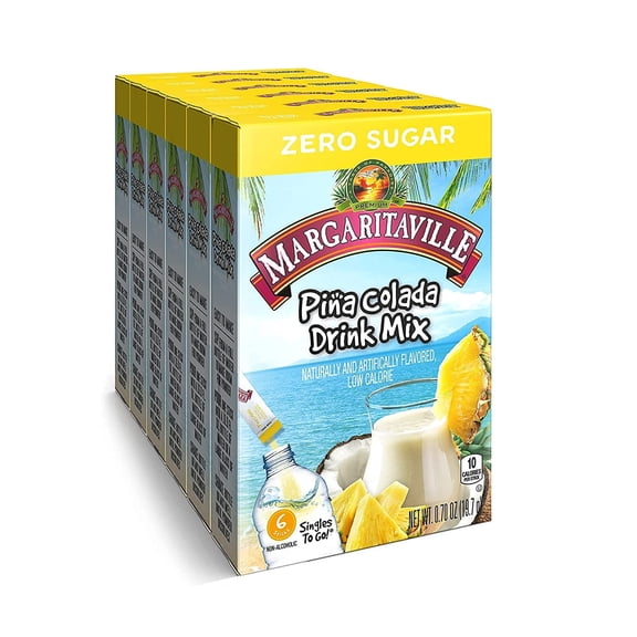 Singles To Go Water Drink Mix - Margarita Flavored, Non-Alcoholic Powder Sticks (Pina Colada, Pack - 6)