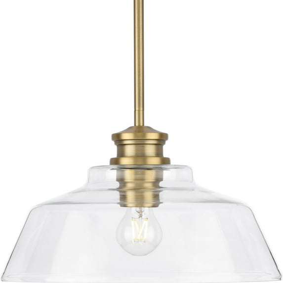 Singleton Collection One-Light 14" Vintage Brass Farmhouse Medium Pendant Light with Clear Glass Shade