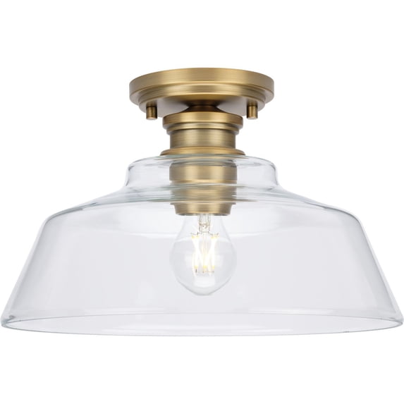 Singleton Collection One-Light 14" Vintage Brass Farmhouse Medium Semi-Flush Mount Light with Clear Glass Shade