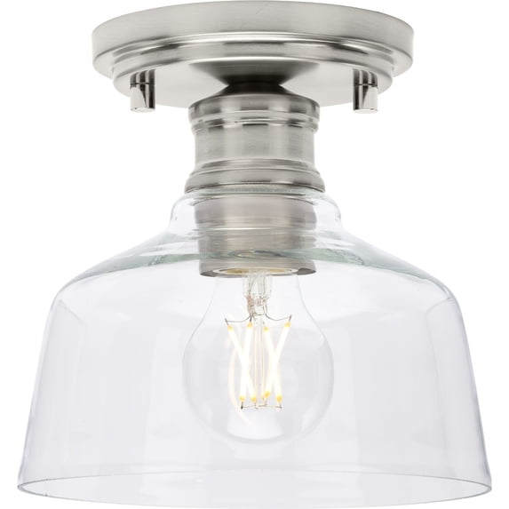 Singleton Collection One-Light 7.62" Brushed Nickel Farmhouse Small Semi-Flush Mount Light with Clear Glass Shade