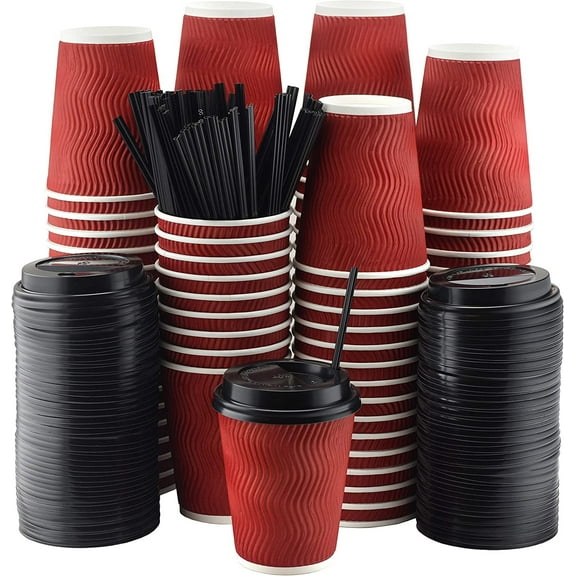 NYHI Red Disposable Paper Cups with Black Lids and Straws 8oz Set of 100